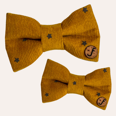 Gold corduroy bow tie with navy stars.