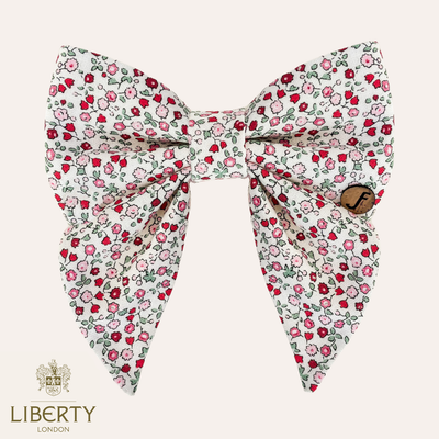 Small floral scale pattern by Liberty London in red, pink and green on sailor bow tie