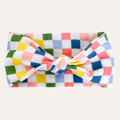 Checkered knotted scarf with colorful blocks of color