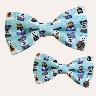 Mint bow ties for dogs featuring schnauzers in halloween costumes