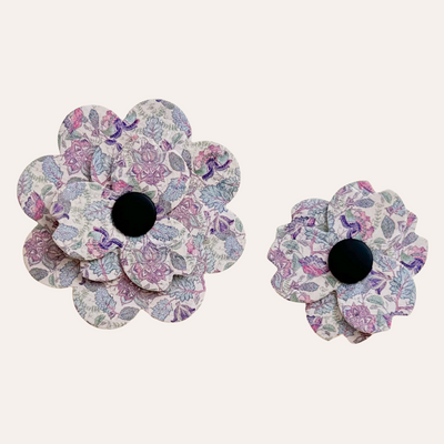 Intricate purple, pink, blue floral cork flowers for dogs and cat collars. William Morris like pattern.