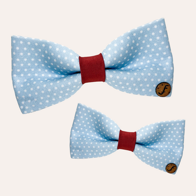 Pastel blue bows with white dots and red middle