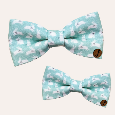 Mint colored bows for dog and cat collars featuring a white bunny print. Each bunny wears a black ribbon collar.
