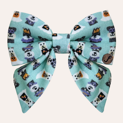 Mint sailor bow tie for dogs featuring schnauzers in halloween costumes print