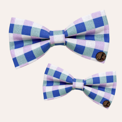 Check patterned bow tie in blue, green, lilac, and white