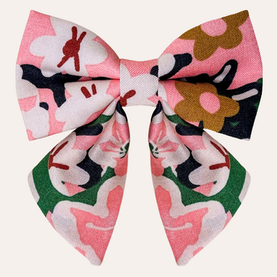 Coral neon sailor bow tie for dog collar with floral pattern of gold and cream