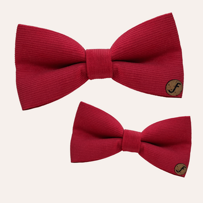 Bright red corduroy bow with tan cork tag.