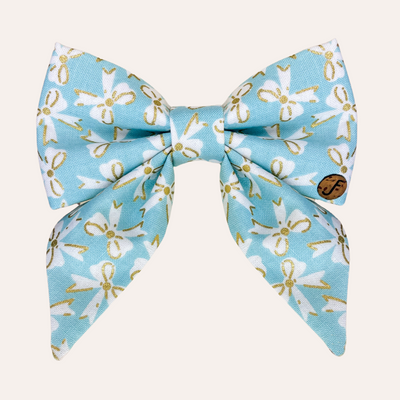 Baby blue bow with white and metallic gold ribbon bow printed pattern
