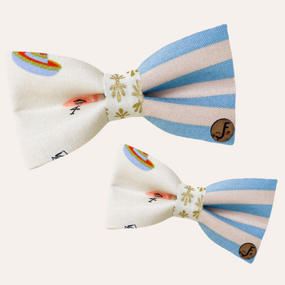 Blue and cream striped fabric with novelty icons like flamingos and hats Rifle Paper Co. bow ties