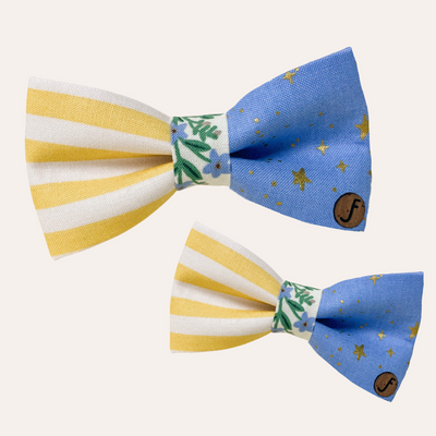 Rifle Paper Co fabric bow tie with yellow and cream stripes and blue with metallic gold star print bow ties
