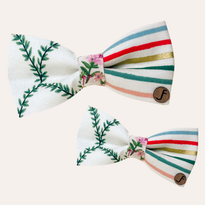 Bow ties made with green trellis and rainbow striped fabric from Rifle Paper Co.
