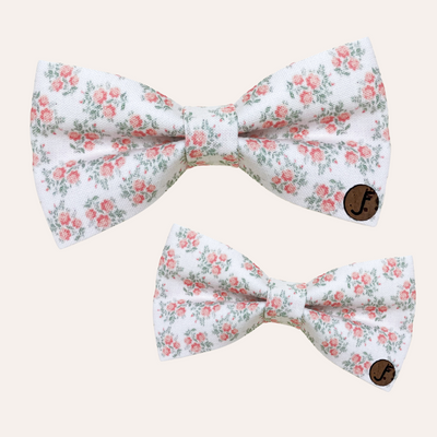 Pastel coral floral pattern on white bow ties