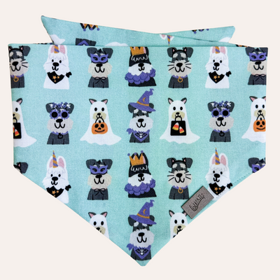 Mint dog bandana featuring schnauzers in halloween costumes