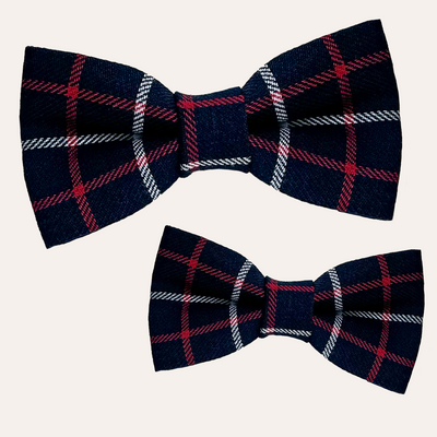 Navy blue bow ties with red and white stripe plaid