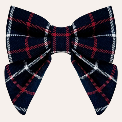 Navy blue sailor bow with red and white stripe plaid