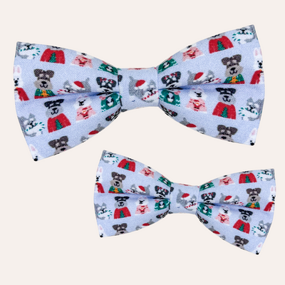 Light blue bow ties for dogs and cats with schnauzers in Christmas sweaters