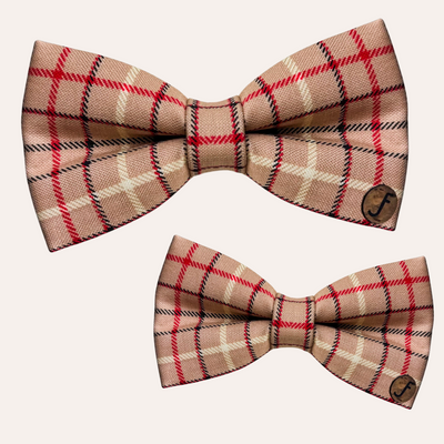 Tan bow tie with red, black and cream plaid print for dog and cat collars