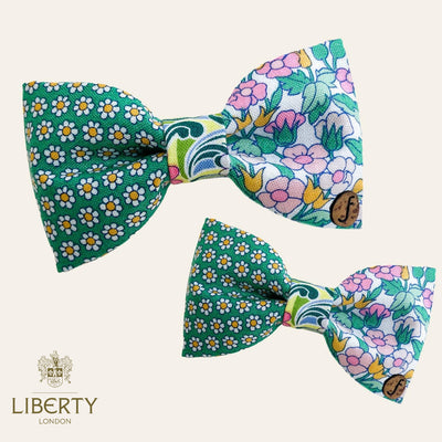 Liberty London floral fabric bow tie for pets in a green flower print