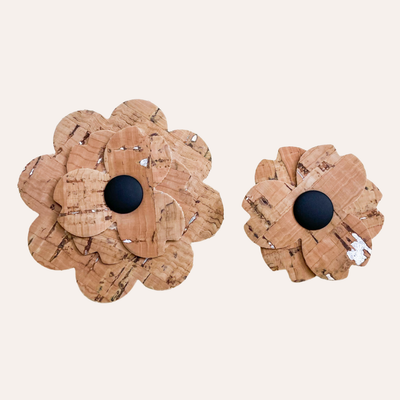 Tan natural cork flowers with shiny silver metallic accents