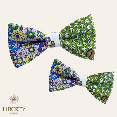 Liberty London fabric bow tie for pets in green and blue floral fabrics