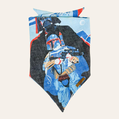 Pastel blue and black dog bandana featuring Boba Fett and Darth Vader from Star Wars