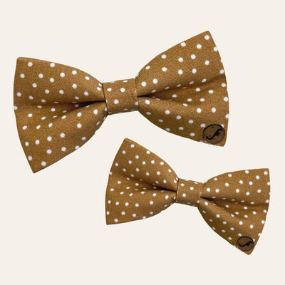 Gold bow ties with white polka dots