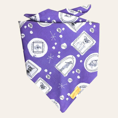 Periwinkle bandana with black and white portraits of stylish cats and dogs