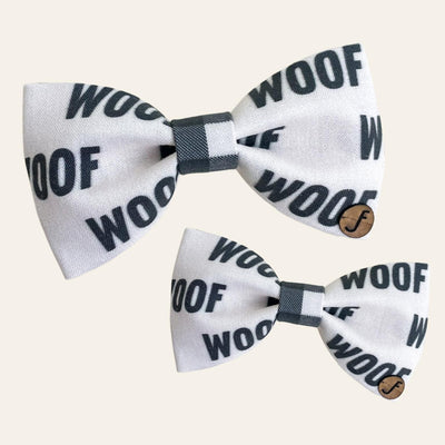 White bow tie with "woof" text and gingham middle