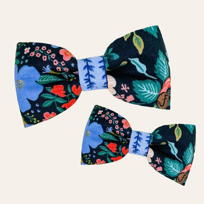 Black bow ties with blue, green and red floral print