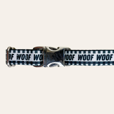 Gingham and text "woof" black and white collar