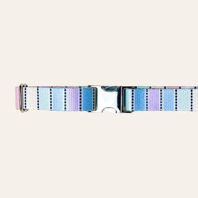 Pastel rainbow print with stamp motif in between blocks of color on a dog collar