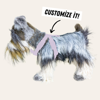 Dog in profile wears harness with text "Customize it!"