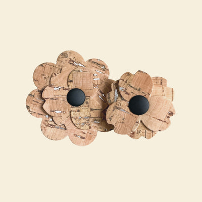 Tan with silver metallic stripes cork flowers in two sizes
