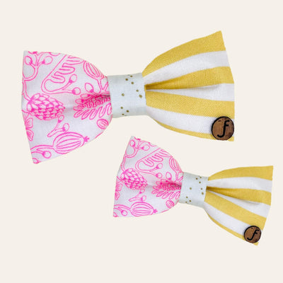 Hot pink floral and yellow stripe bow tie